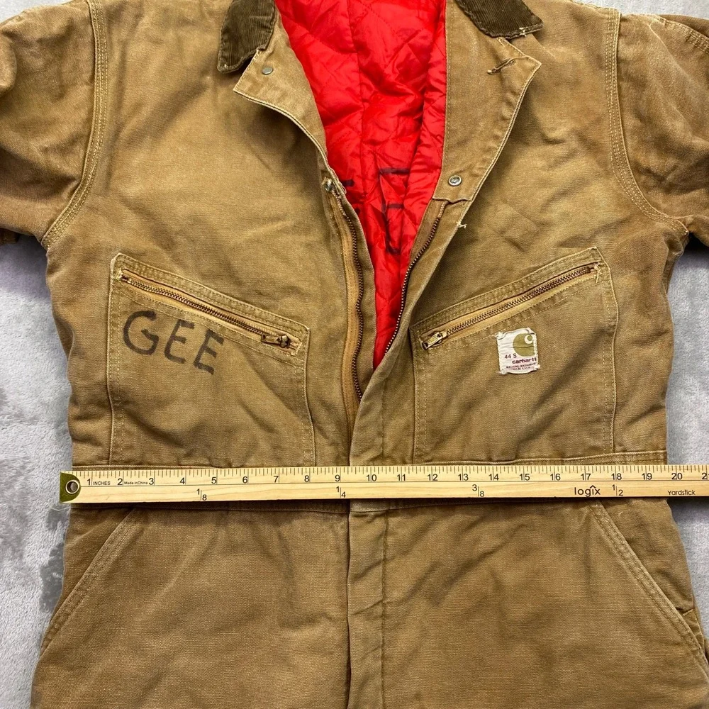 VTG Carhartt Duck Canvas Quilt Lined Coveralls Brown 44 S Distressed 9960Z Zip‎